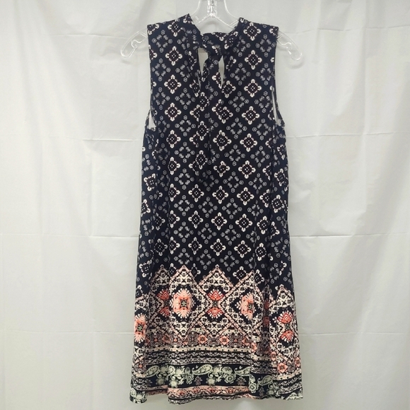 Midi Sundress Black White Pastel Peach Geometric Print w Tie V Neck Keyhole EUC - Picture 1 of 9